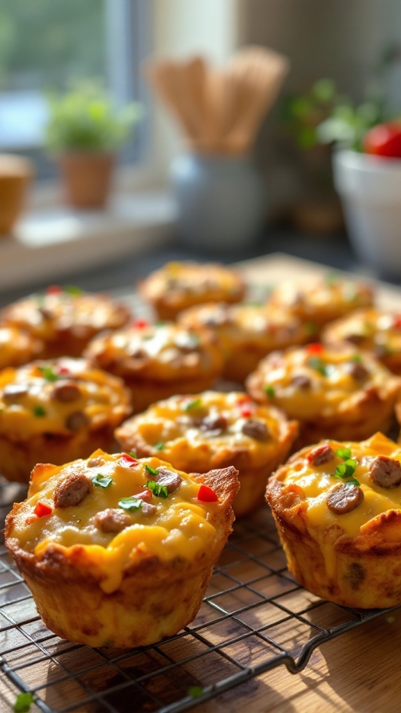 Golden-brown sausage, egg, and cheese muffins cooling on a wire rack, showcasing their savory filling.